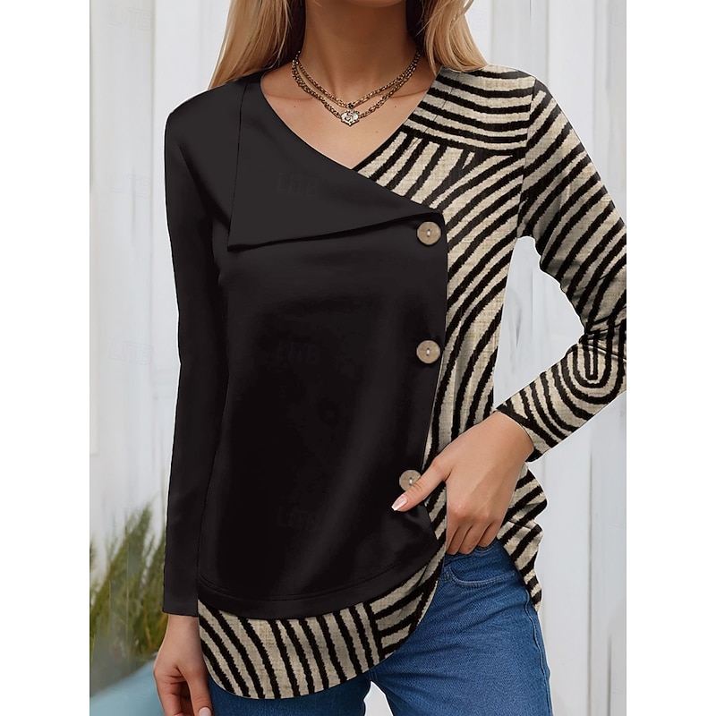 Women's Blouse Tunic V Neck Long Sleeve Buttons Graphic Geometric Fashion Casual Regular Tops Daily Patchwork Print Black Light Brown Khaki Spring Fall Winter