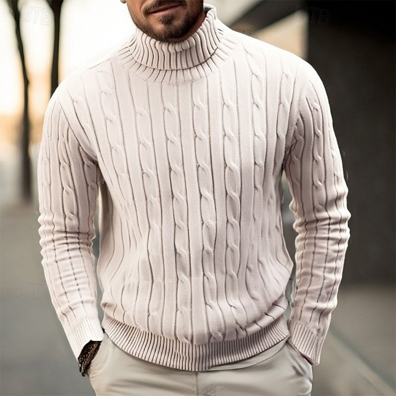 Men's Pullover Sweater Jumper Knit Sweater Ribbed Cable Knit Regular Tops Knitted Plain Turtleneck Fashion Casual Vacation Daily Wear Clothing Apparel Fall & Winter Camel Wine M L XL3