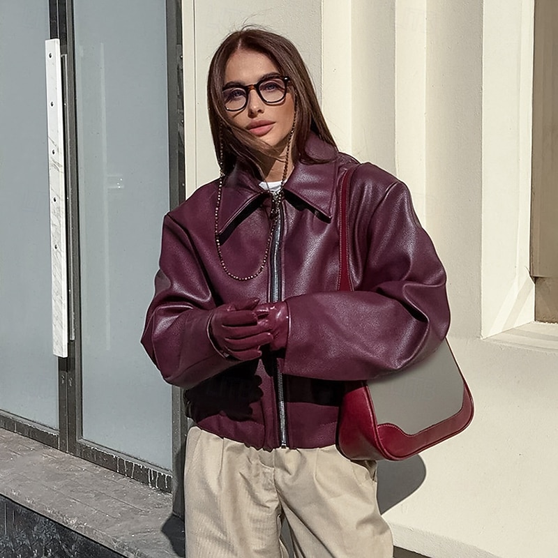 Women's Faux Leather Jacket Winter Jacket Windproof Zipper Oversized Elegant Vintage Fashion Daily School Casual Daily Short Turndown Loose Fit Long Sleeve Outerwear claret Spot goods shipped in3