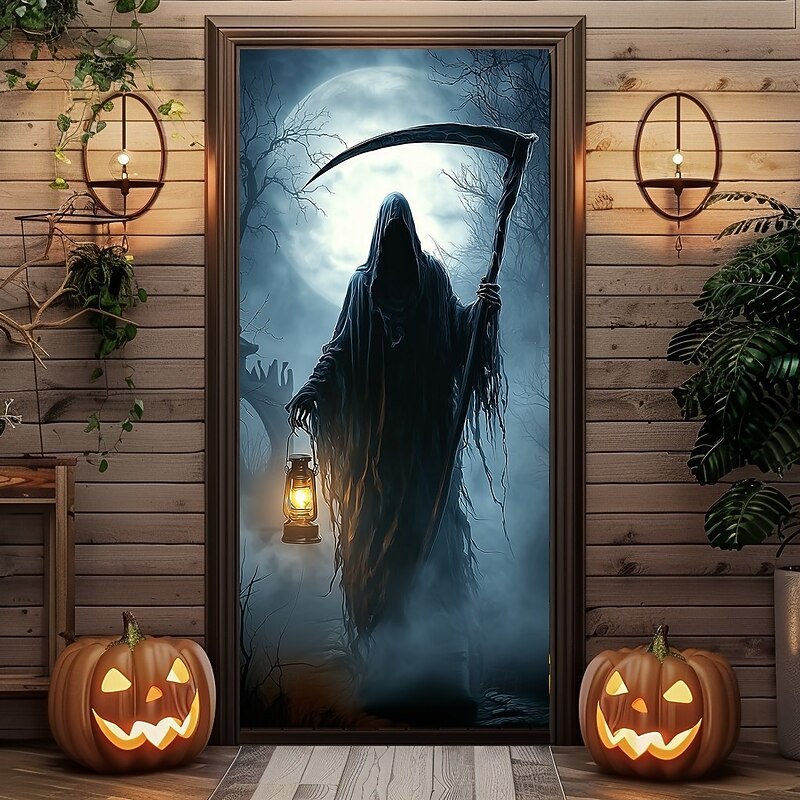 Halloween Door Cover – Grim Reaper with Lantern at Night, Haunted House Entrance Banner, Scary Outdoor 2025 Halloween Decoration for Bedroom, Living Room, Bathroom2