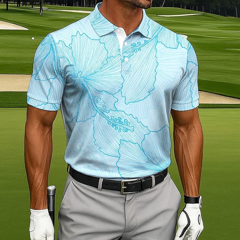 Men's Plants Golf Polo Short Sleeve Polo Shirts Collared Shirts Sportswear Casual Outdoor clothing Daily Wear 3D Print Buttons Summer Sky Blue Green Gray