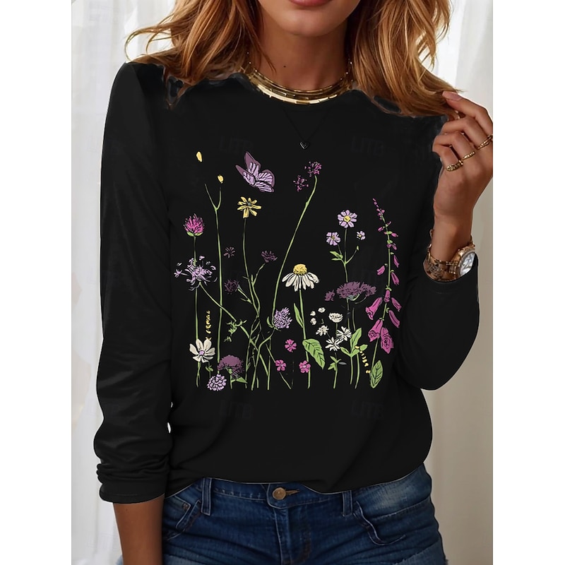 Easter Women's T shirt Long Sleeve Crew Neck Long Sleeve Tunic Floral Graphic Plants Vintage Stylish Classic Round Neck Regular Tops Daily Print Black White Pink Purple Green Fall Prefall3