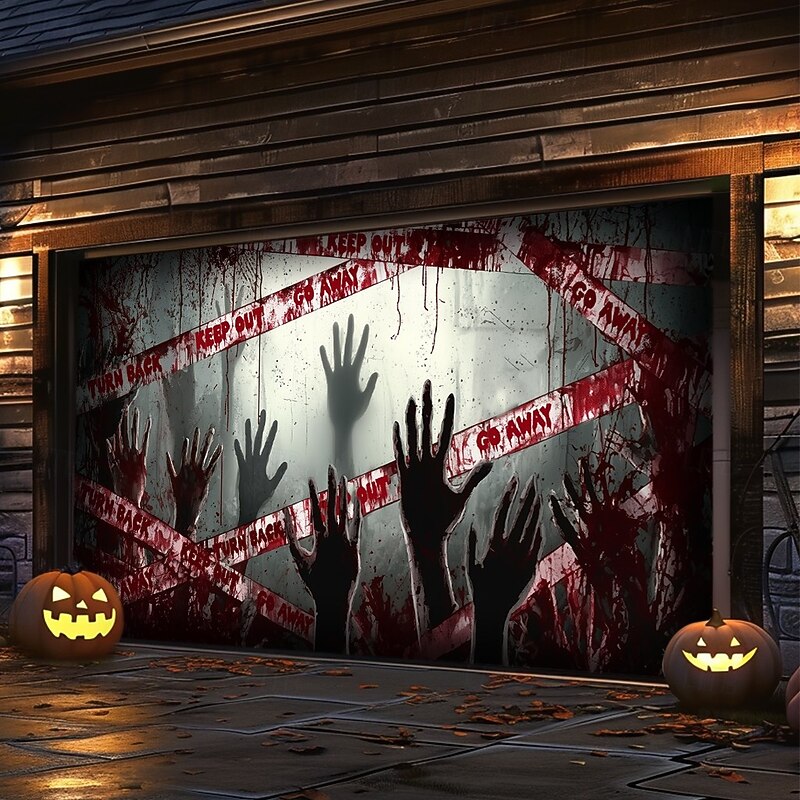 Halloween Garage Door Cover – Bloody Handprints & Horror Scene, Scary Outdoor Decoration for 2025 Halloween Home Front Yard3