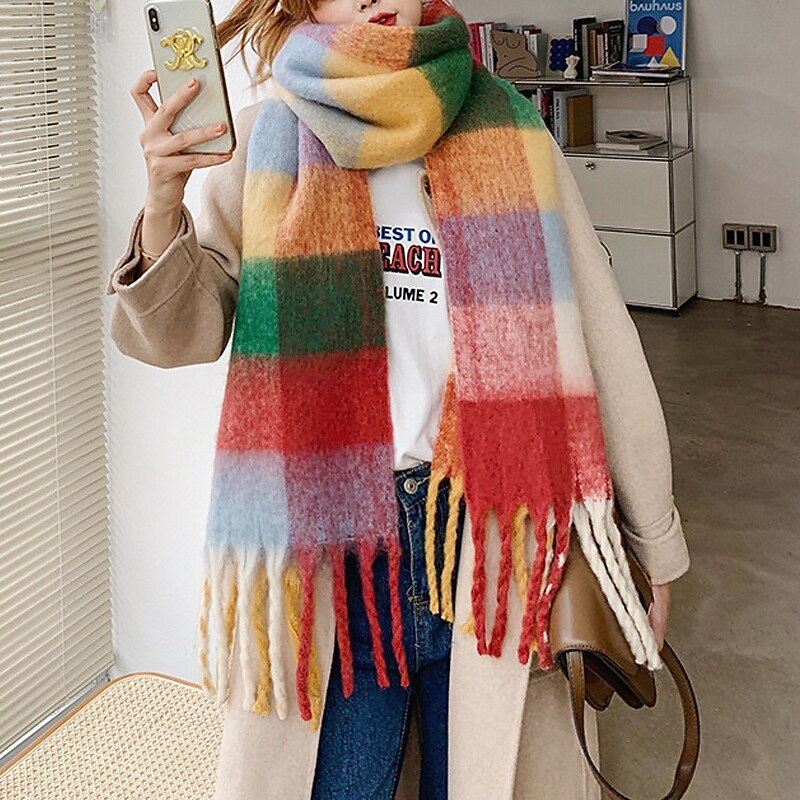 Women's Rectangle Scarf Women's Shawls & Wraps Street Daily Date Wine Blue Orange Scarf Plaid4