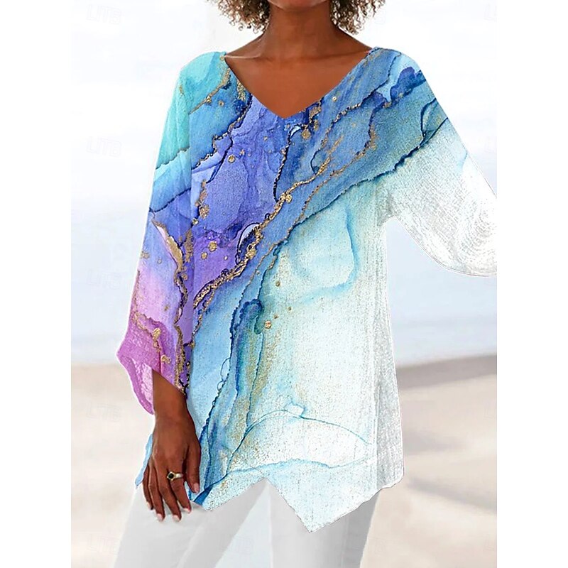 Women's Blouse Ombre Graphic Abstract Vintage Tropical Stylish 3/4 Length Sleeve V Neck Regular Tops Daily Holiday Print Sky Blue Dusty Blue Light Purple Summer Spring Fall3