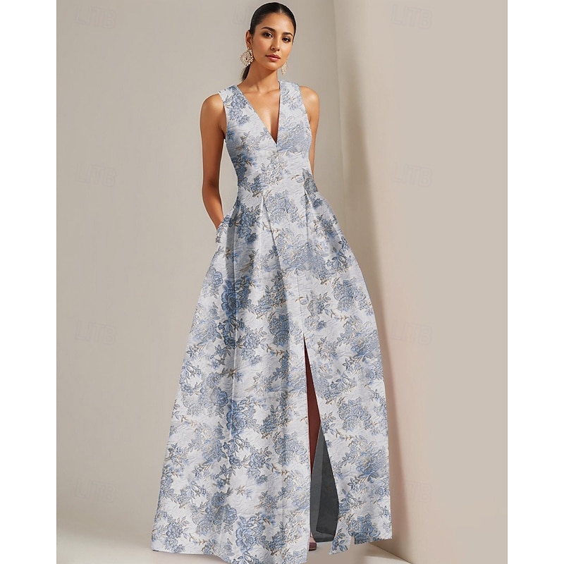 A-Line Evening Gown Brocade Jacquard Elegant Dress Formal Wedding Floor Length Sleeveless V Neck with Slit Wedding Guest Dress4
