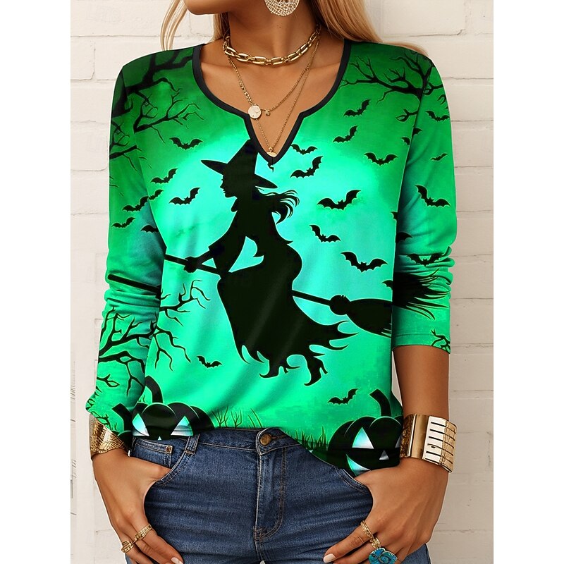 Halloween Women's T shirt Witch Long Sleeve Ombre Graphic Geometric Vintage Stylish Classic Long Sleeve Notched Neck Regular Tops Daily Print Purple Orange Green Spring Fall Prefall4
