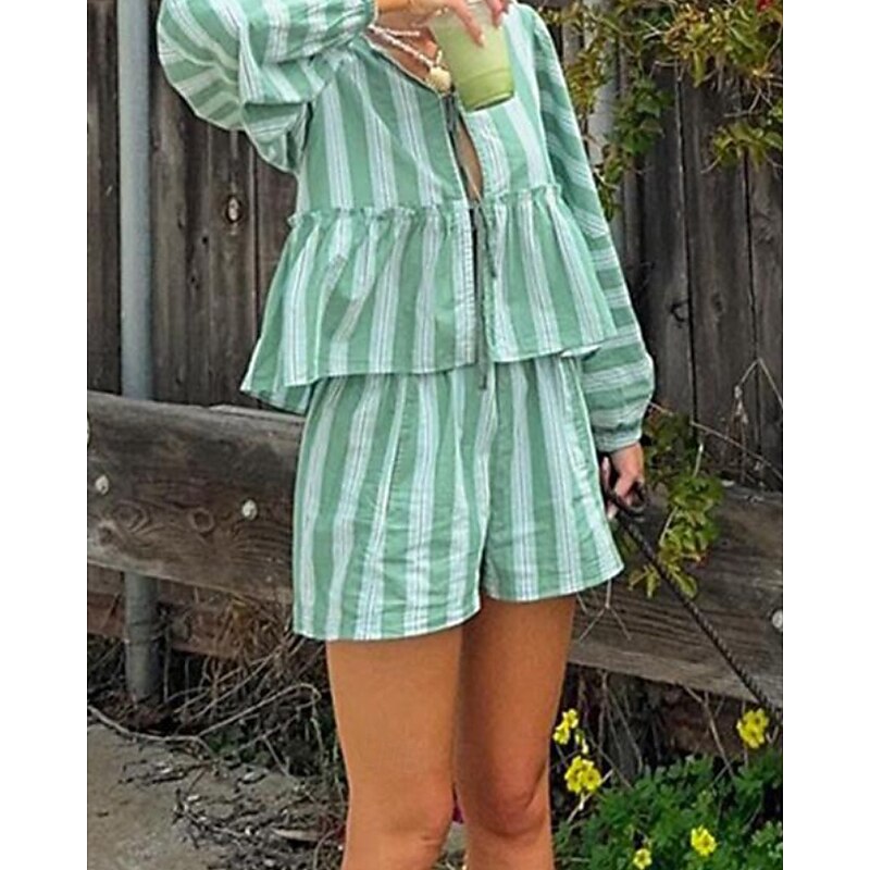 Women's Active Blouse Shorts Sets Long Sleeve V Neck Striped Ruched Outdoor Vacation Pink Green Fall Regular Fit2