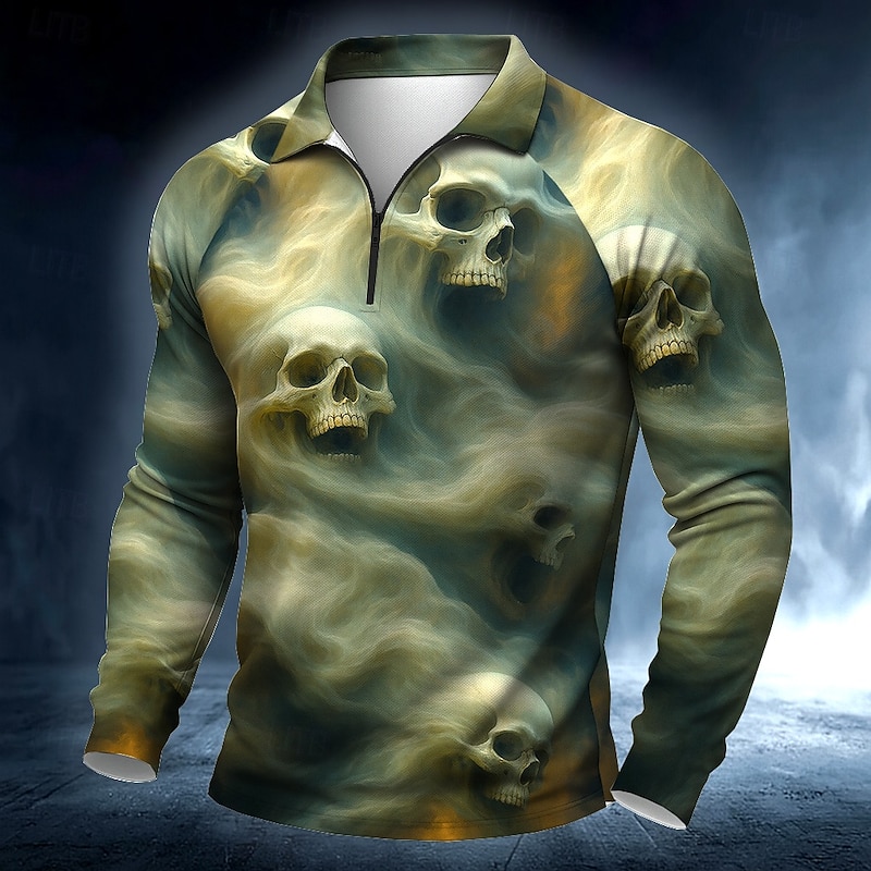 Day of the Dead Men's Skull Skulls Polo Long Sleeve Polo Shirts Casual Dark Outdoor Street Daily Wear 3D Print Quarter Zip Polo Spring Fall Winter Blue Brown Green2