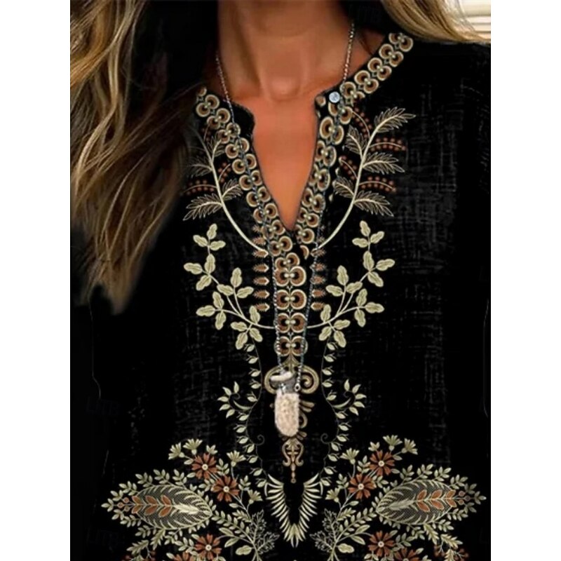 Women's Shirt Floral Daily Casual Long Sleeve V Neck Regular Tops Daily Holiday Buttons Print Black Spring Fall2