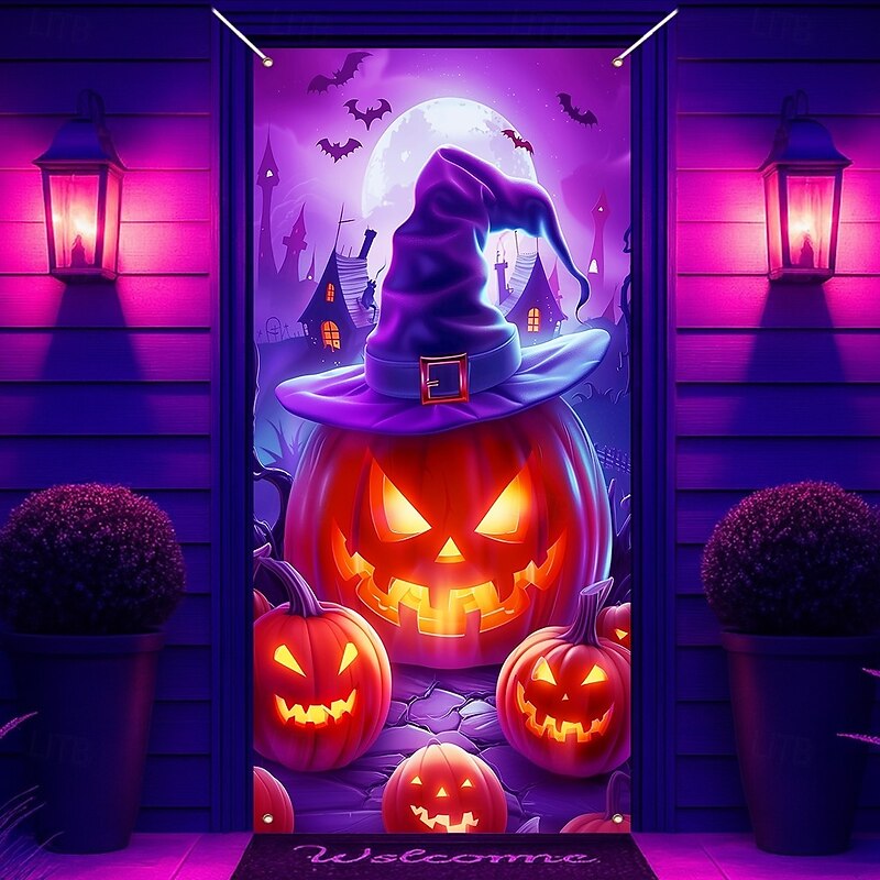 Halloween Door Cover Neon Pumpkin Head Witch Banner, Glowing Blacklight Entrance Decoration for Outdoor & Indoor 2025 Halloween Bedroom, Living Room, Bathroom4