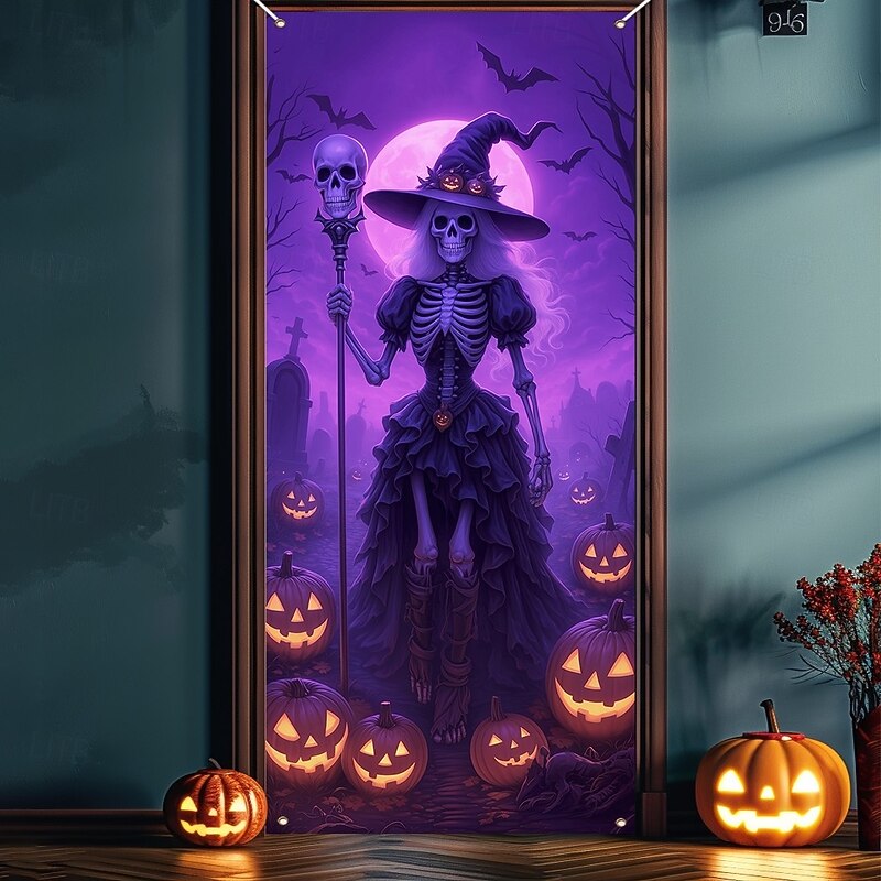 Halloween Door Cover Neon Witch with Broom Banner, Glowing Blacklight Entrance Decoration for Outdoor & Indoor 2025 Halloween Bedroom, Living Room, Bathroom4