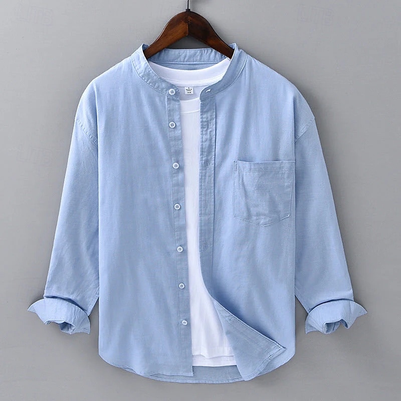 Men's Shirt Linen Shirt Band Collar Shirt Summer Shirt Beach Wear Solid Color Vacation Street White Blue Khaki Long Sleeve Mandarin Collar Summer Spring Clothing Apparel Pocket