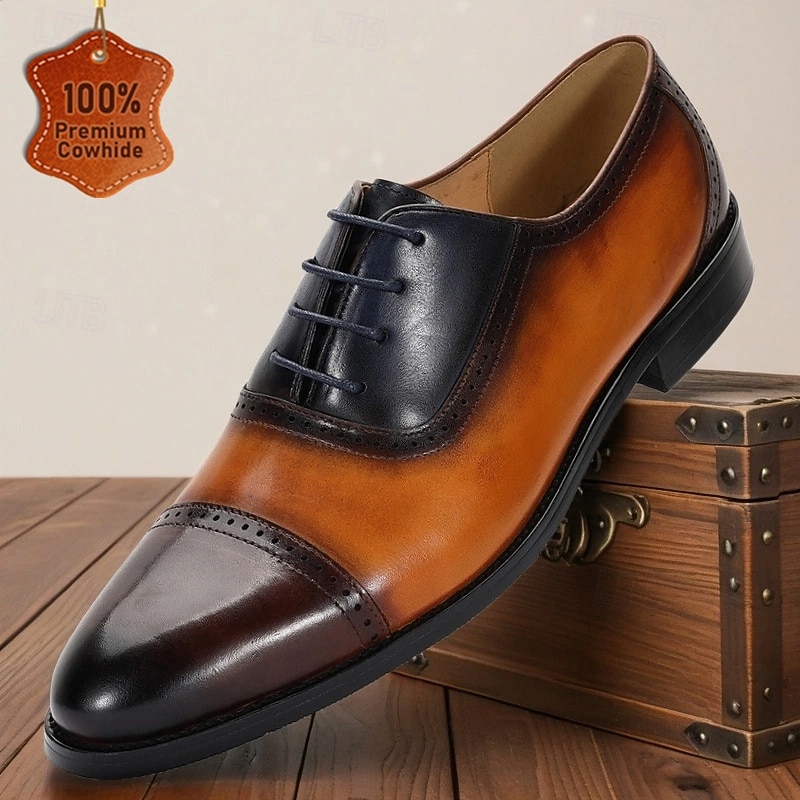 Men’s Two-Tone Genuine Leather Oxford Shoes – Classic Cap Toe Lace-up Style for Professionals, Office Wear and Formal Events