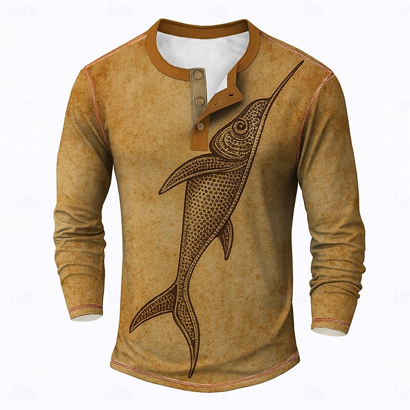 Men's Graphic Fish Henley Shirt Tee Long Sleeve Vintage Fashion Designer Outdoor Casual Daily Spring &  Fall Blue Brown Green Henley Henley T-Shirt