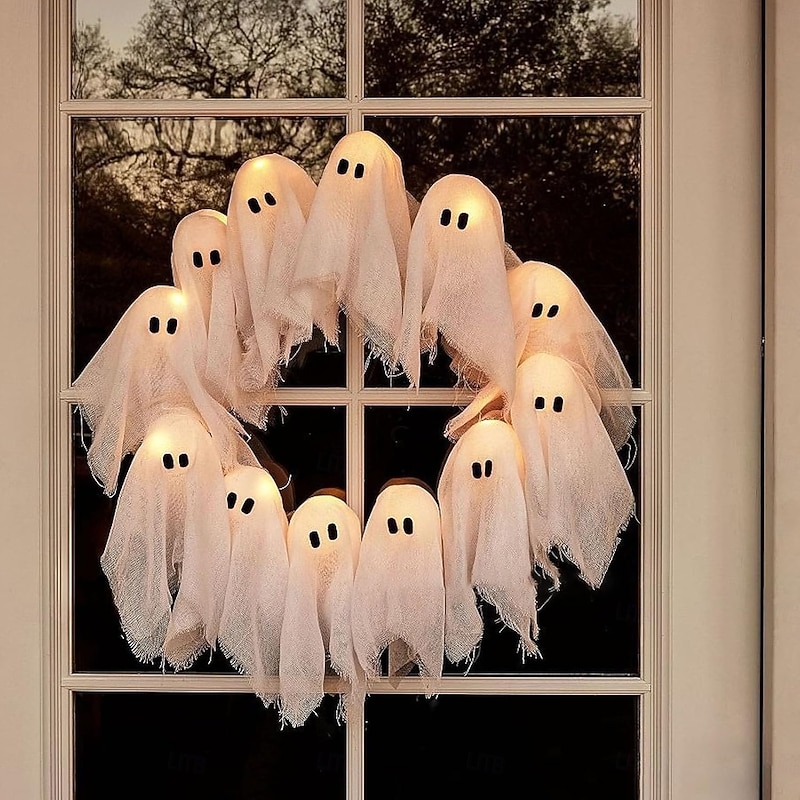 Halloween Ghost Wreath, 12 LED Light-Up White Ghost Garland, Spooky Indoor & Outdoor Hanging Decoration for Front Door, Wall, Party, Battery-Powered Halloween Decor, Holiday Spooky Garland