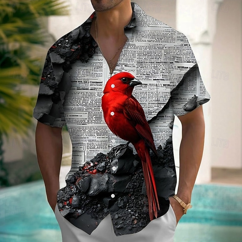 Men's Bird Red Cardinal Shirt Summer Shirt Button Up Shirt Short Sleeve Vintage Retro Outdoor Vacation Summer Spring Turndown 3D Print Collared Shirts Front One Pocket Black