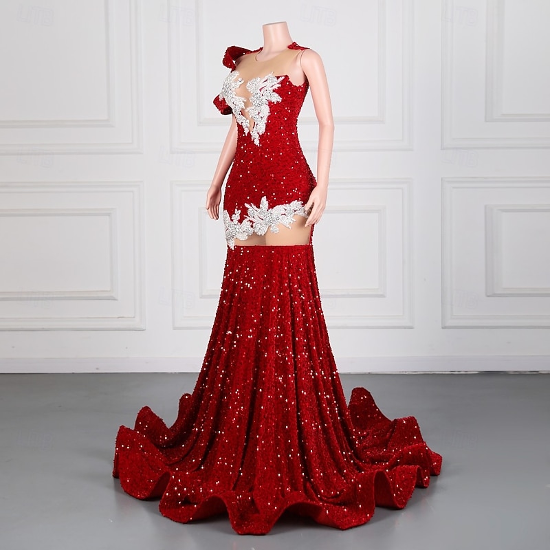 Mermaid / Trumpet Evening Gown Elegant Dress Formal Prom Sweep / Brush Train Sleeveless Crew Neck Sequined with Sequin Appliques4