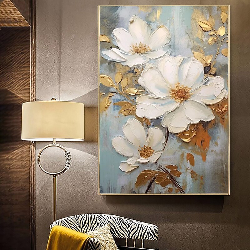 Handmade Oil Painting Canvas Wall Art Decoration Abstract Golden Leaves Big White Flowers for Home Decor Stretched Frame Hanging Painting/Rolled Frameless Unstretched Painting3
