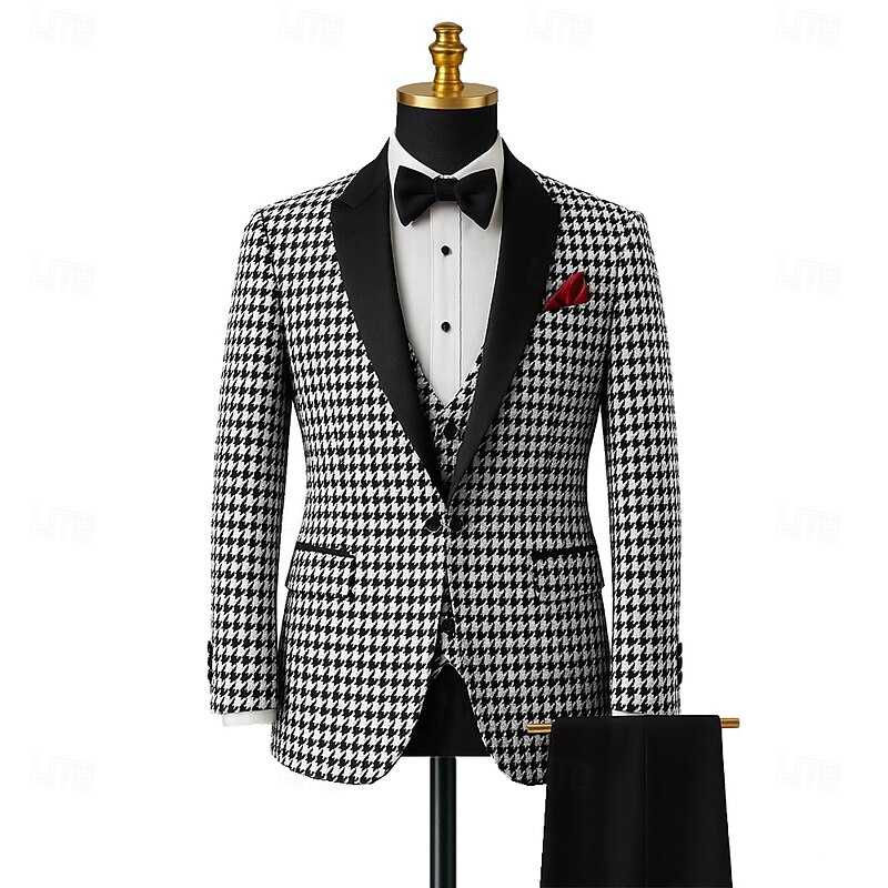Men's Wedding Party Suits Peaked Lapel Black+White Formal Houndstooth Tailored Fit 3 Piece Single Breasted One-button