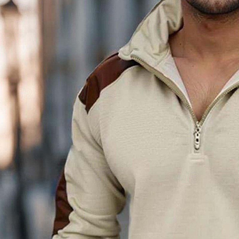 Men's Zip Sweatshirt Tactical Reddish brown Army Green Beige Standing Collar Plain Zip Up Color Block Quarter Zip Sports & Outdoor Casual Daily Streetwear Cool Sportswear Fall & Winter Clothing4