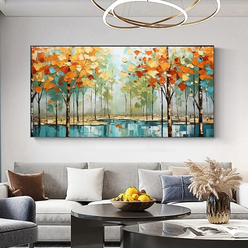 Large Handmade Autumn Tree Oil Painting Golden Foliage Reflected in Blue Water Textured Leaves Above Sofa Cozy Living Room Decor Seasonal Wall Art Tangerine Sunset Warm Atmosphere4