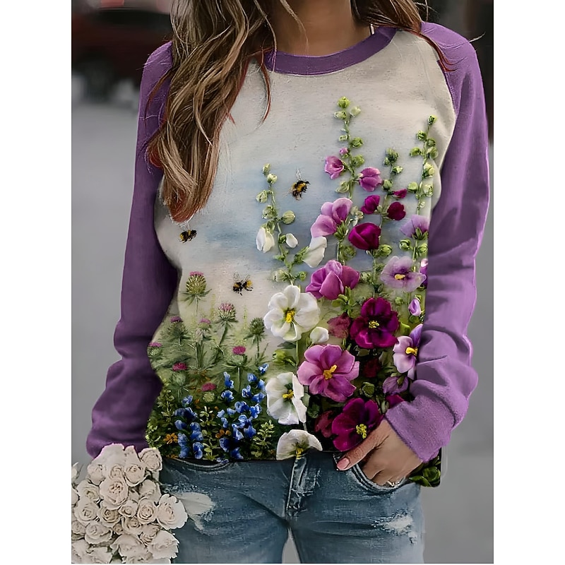 Women's Pullover Sweatshirt Floral Fashion Casual Long Sleeve Crew Neck Regular Tops Home Street Dailywear Print Purple Fuchsia Violet Spring Fall3