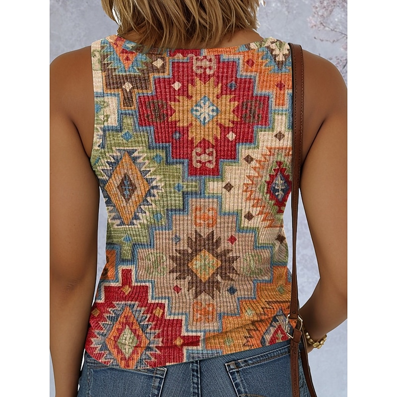 Women's Camisole Tank Top Graphic Geometric Vintage Stylish Ethnic Sleeveless V Neck Regular Tops Daily Print Blue Purple Brown Green Summer Spring2