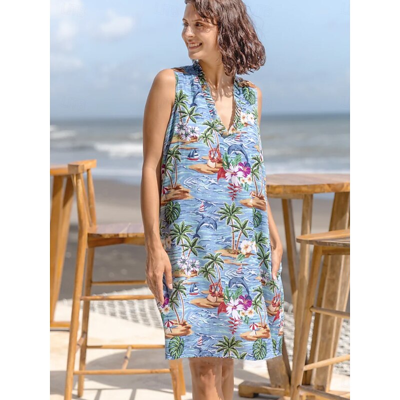 Women's Midi Dress Sundress Shift Dress Ruffle Dress Puff Sleeve Dress Vacation Party Birthday Party Going out Beach Floral Graphic Sleeveless V Neck Blue Orange off-white Summer Spring4