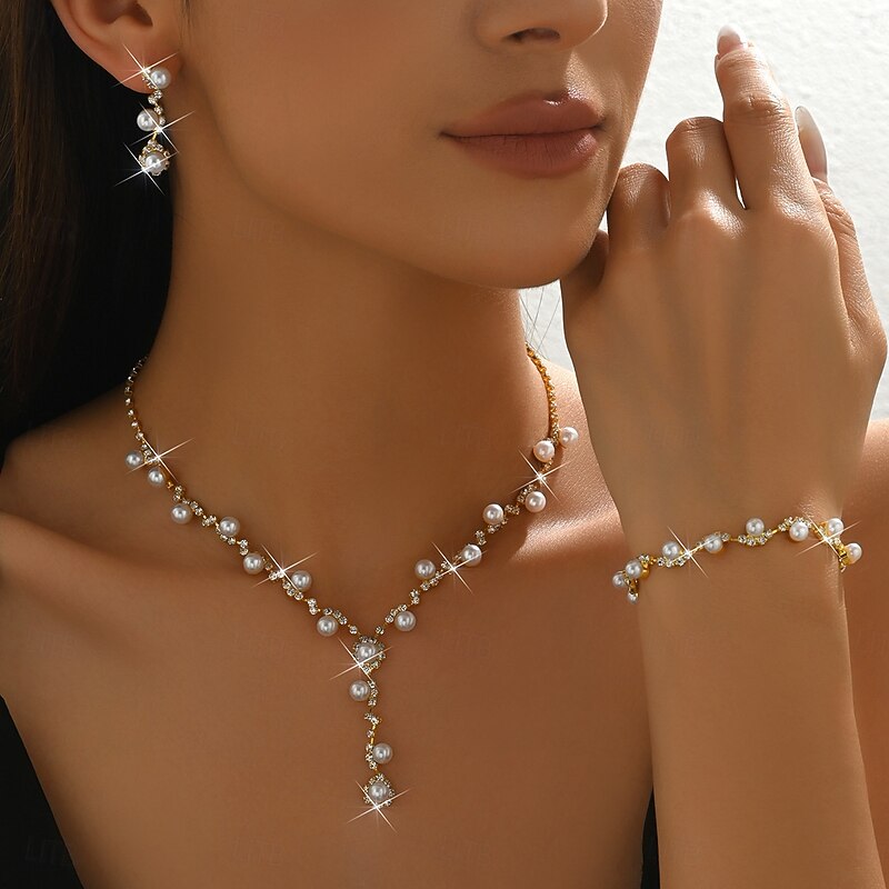 Bridal Jewelry Sets Three-piece Suit Pearl Rhinestone 1 Necklace 1 Bracelet Earrings Women's Classic Sweet Lovely Classic Drop Love Geometric Jewelry Set For Wedding Work Party Evening Wear2