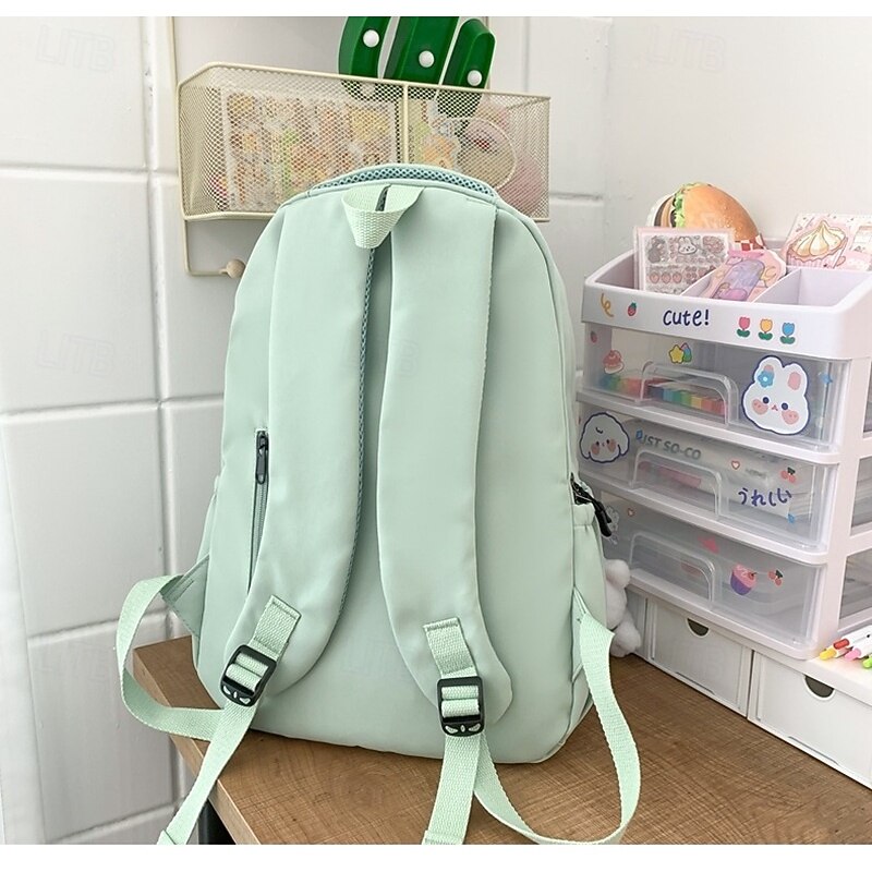 Women's Light Green School Backpack with Cute Plush Bear Keychain, Large Capacity Multi-Pocket Waterproof Bookbag for Teen Girls, College, and Daily Use3