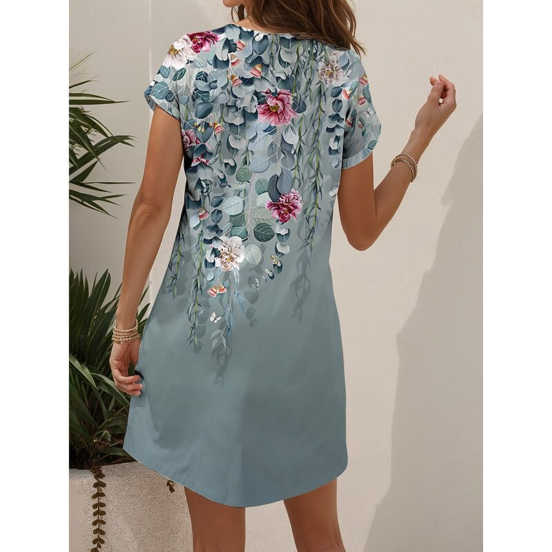 Women's Mini Dress Casual Dress T Shirt Dress Tee Dress Sundress A Line Dress Vacation Casual Boho Beach Regular Fit Ombre Floral Graphic Short Sleeve V Neck Black And White Yellow Red Blue Summer2