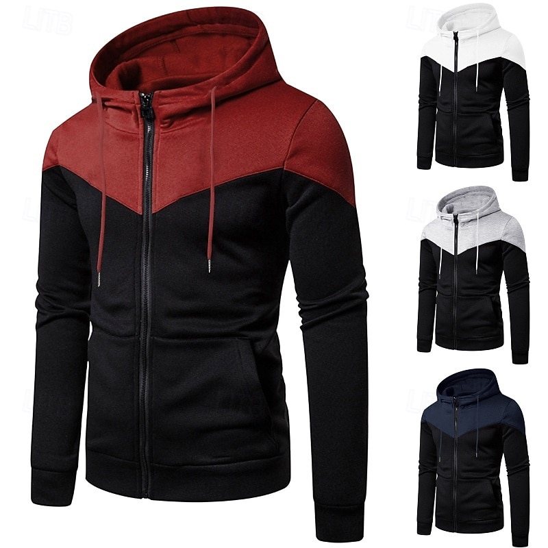 Men's Hoodie Full Zip Hoodie White Burgundy Navy Blue Gray Hooded Plain Patchwork Color Block Sports & Outdoor Casual Daily Streetwear Cool Designer Spring &  Fall Clothing Apparel Hoodies
