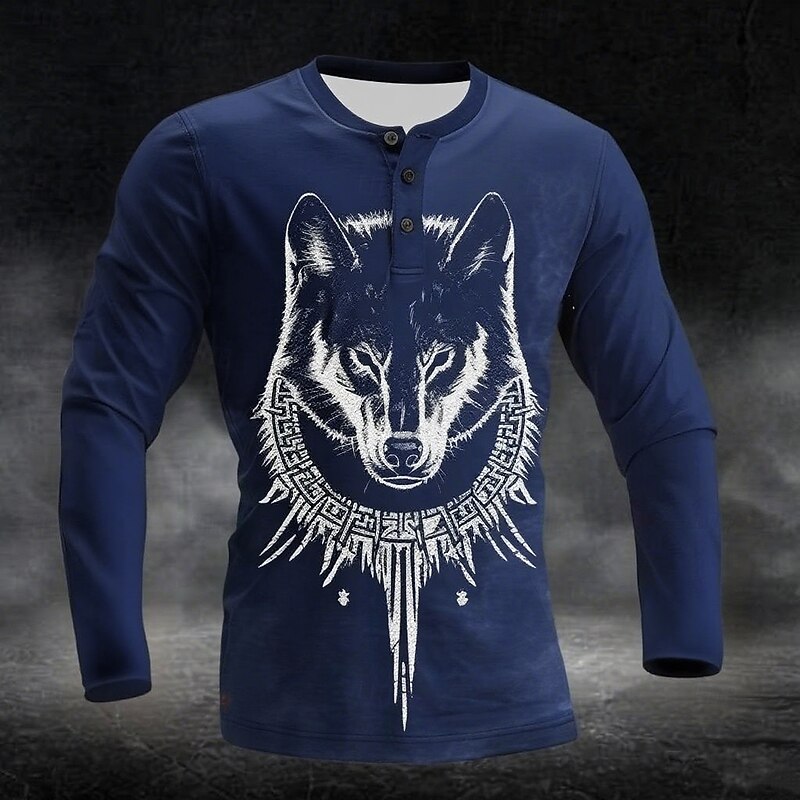 Men's Graphic Wolf Viking Henley Shirt Long Sleeve Vintage Fashion Cute Casual Holiday Going out Spring &  Fall All Seasons Black Navy Blue Henley Henley T-Shirt