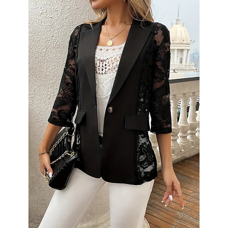 Women's Blazer Comfortable Breathable Lace Patchwork Elegant Casual Plain Office Street Casual Daily Wear Single Breasted Regular Turndown Regular Fit 3/4 Length Sleeve Outerwear Black Summer