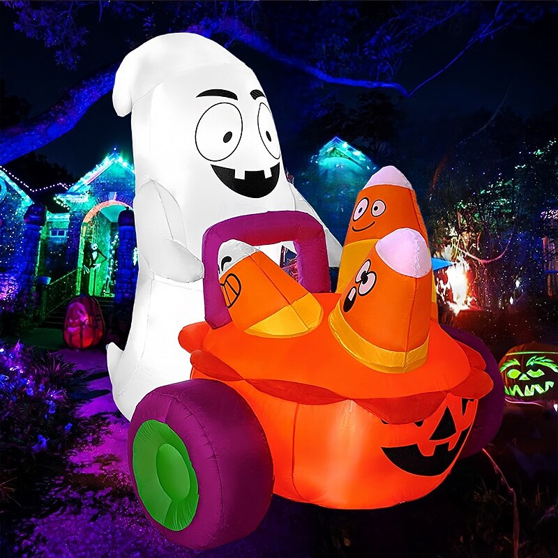 5 FT Halloween Inflatable Ghost Pushing Pumpkin Carriage with Candy, Blow Up Yard Decoration with Build-in LEDs for Halloween Outdoor Party Indoor, Yard, Garden and Lawn Decor
