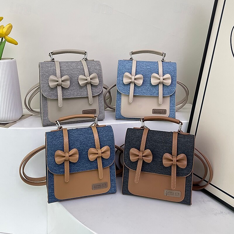 Cute Bowknot Crossbody Bag for Girls – Small Canvas and PU Satchel Purse for School, Weekend Outings, and Casual Wear