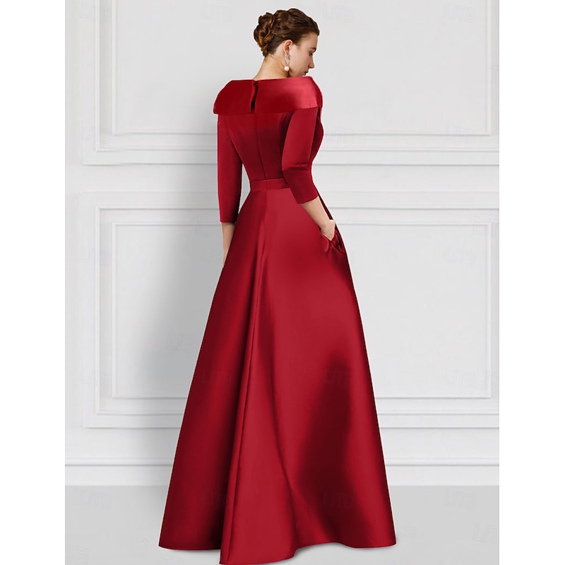 Red A-Line Vintage Embroidered Evening Gown Elegant Dress Tuxedo Dress Formal Floor Length 3/4 Length Sleeve Shirt Collar Satin with Appliques3