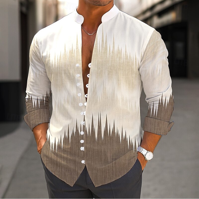 Men's Textured Gradient Color Shirt Stand Collar Shirt Long Sleeve Casual Vacation Daily Wear Going out Spring Fall Mandarin Collar Band Collar Button-Down Linen Like Shirt Blue Brown Green
