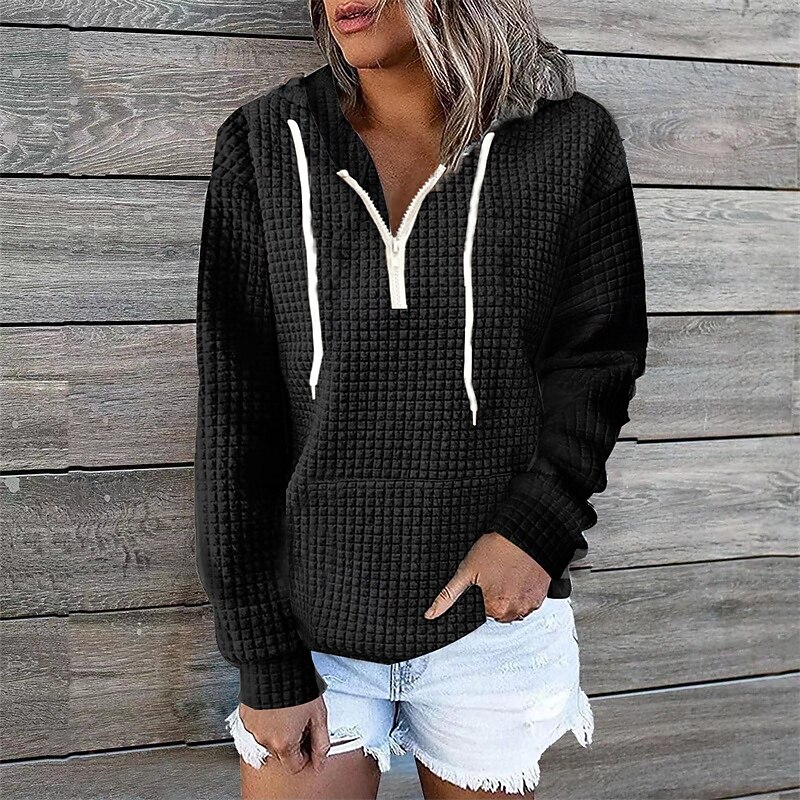 Women's Texture Sweatshirt Waffle Sweatshirt  Pullover Hoodie Sweatshirt Plain Streetwear Casual Comfy Long Sleeve Hooded Regular Tops Street Holiday Going out Pocket Quarter Zip Black White Gray Fall3