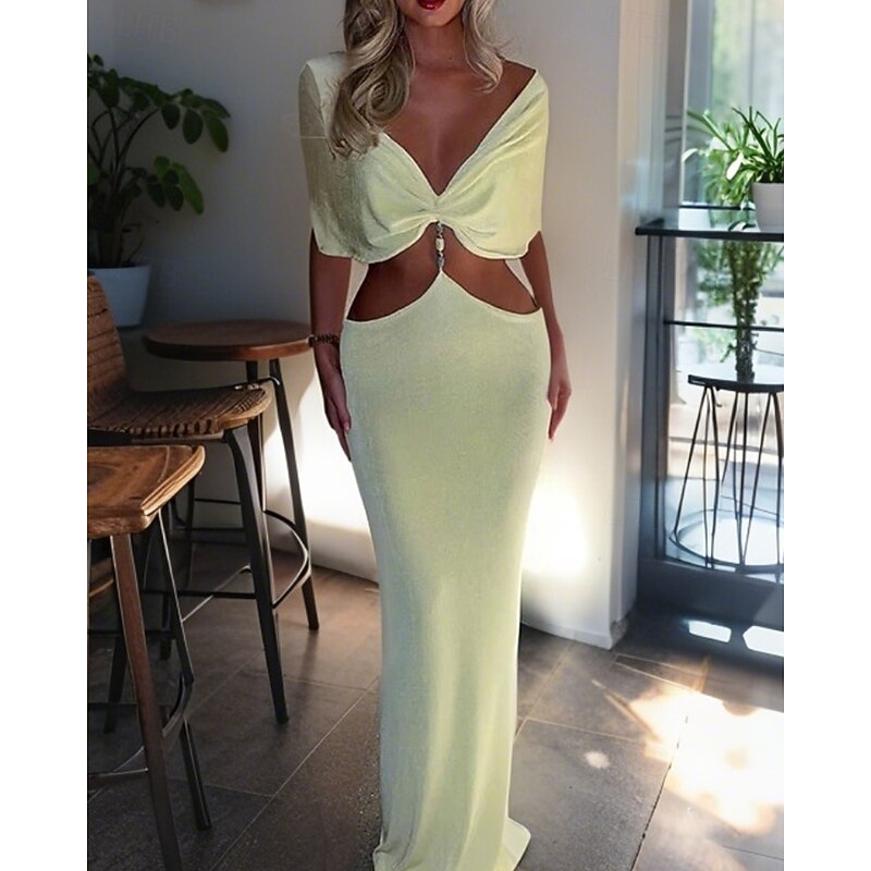 Women's Long Dress Maxi Dress Prom Dress Party Dress Cocktail Dress Satin Dress Fashion Modern Party Special Occasion Evening Party Regular Fit Plain Short Sleeve Off Shoulder Yellow Summer