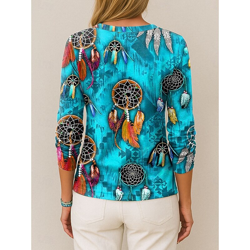 Women's T Shirt V Neck Long Sleeve Tunic Graphic Feather Vintage Stylish Casual Regular Tops Daily Print Blue Purple Orange Green Summer Spring Fall2