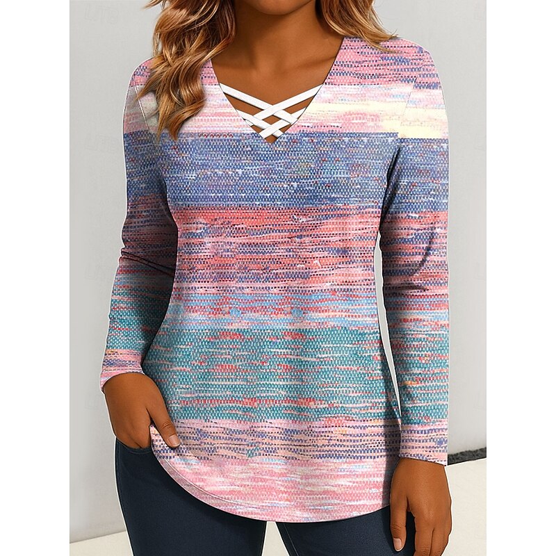 Women's T Shirt Graphic Geometric Vintage Stylish Classic Long Sleeve V Neck Regular Tops Daily Cut Out Print Pink Blue Purple Green Spring Fall