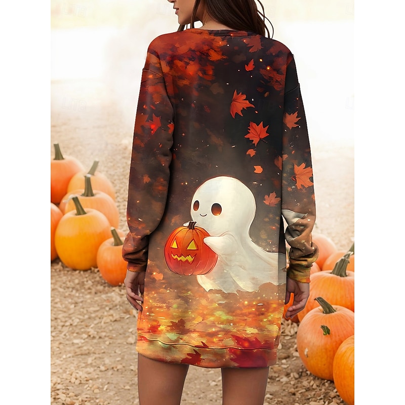 Halloween Women's Ghost Print Mini Dress Shift Dress Casual Daily Regular Fit Graphic Long Sleeve Crew Neck Black Blue Orange Green Spring Fall Winter2