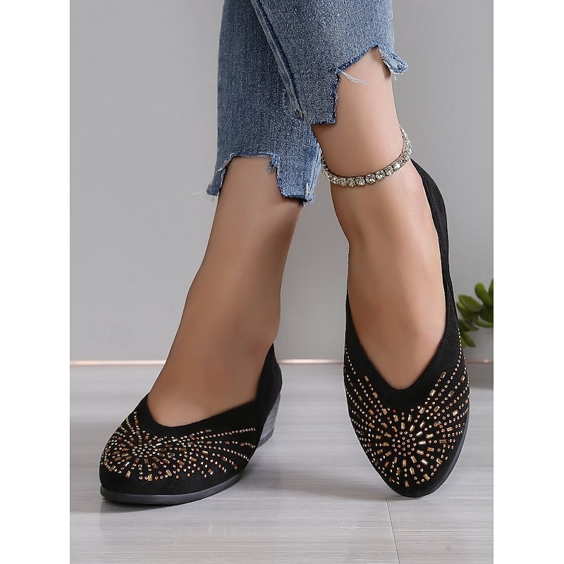 Black Faux Suede Flat Shoes for Women – Comfortable Slip-On Flats with Rhinestone Detailing, Trendy Casual Footwear2