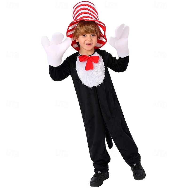 The Cat in the Hat Cosplay Jumpsuit Onesie Costume Cartoon Movie Cosplay for Boys' Girls' Kid's Halloween Carnival World Book Day Performance Educational Dress Up School Event Dress Up3