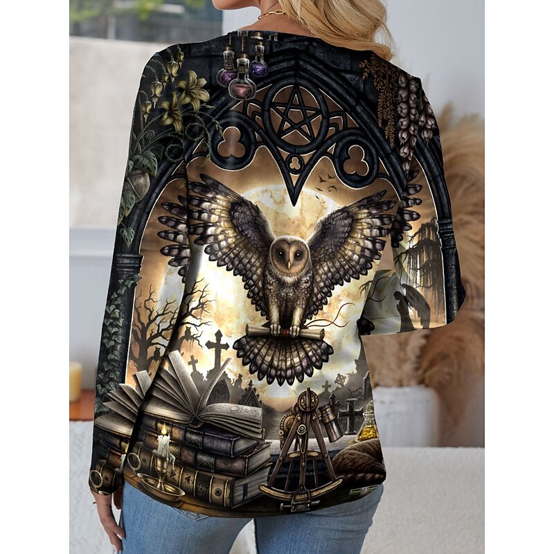 Sarah Richter Women's T shirt Crew Neck Long Sleeve Tunic Graphic Animal Owl Casual  Regular Tops Daily Weekend Print Yellow Fall2