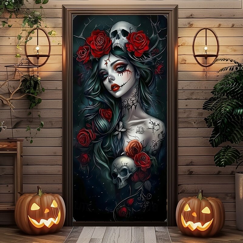 Halloween Door Cover – Gothic Skeleton Bride with Red Roses, Haunted House Entrance Banner, Horror Outdoor 2025 Halloween Decoration for Bedroom, Living Room, Bathroom2
