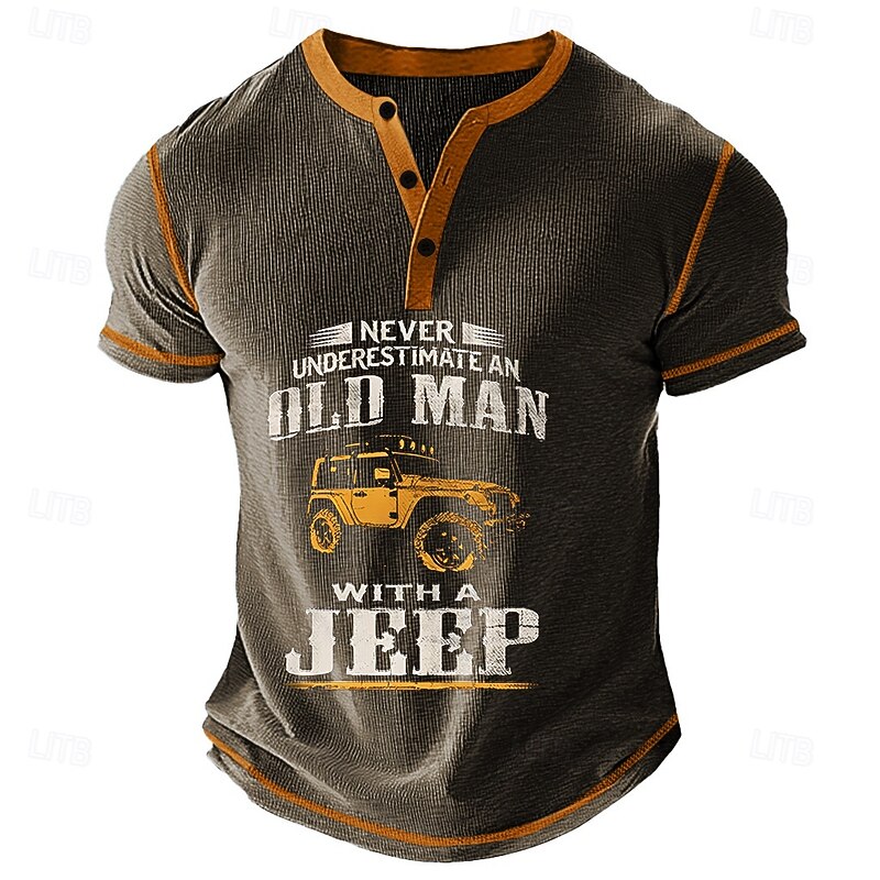 Men's Short Sleeve Henley T-Shirt - "Never Underestimate An Old Man With A Jeep" Graphic Tee2