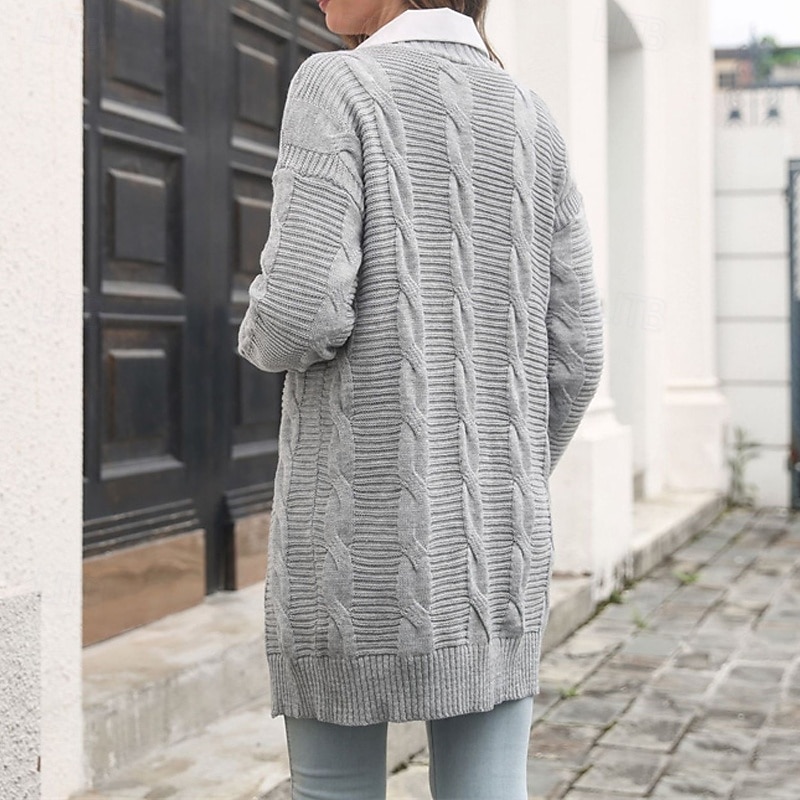 Women's Cardigan Casual Solid Color Chunky V Neck Knitted Long Sleeve Regular Tops Knit Daily Holiday Going out Green Apricot Fall Winter4